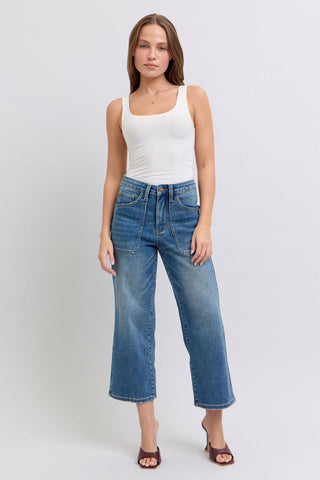 Judy Blue High Waist Utility Pockets Crop Wide Leg Denim Jeans 88904