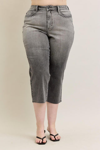 Judy Blue High Waist Vintage Grey Wash & Front Pocket Embroidery Crop Wide Leg Denim Jeans 88949