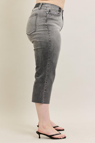 Judy Blue High Waist Vintage Grey Wash & Front Pocket Embroidery Crop Wide Leg Denim Jeans 88949