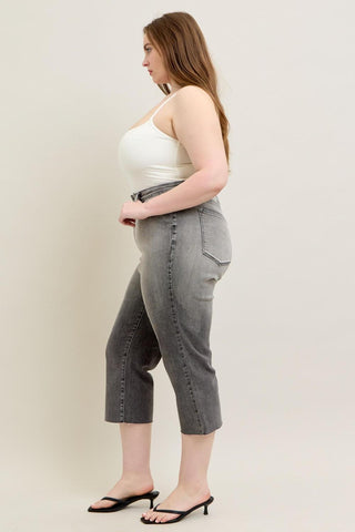 Judy Blue High Waist Vintage Grey Wash & Front Pocket Embroidery Crop Wide Leg Denim Jeans 88949