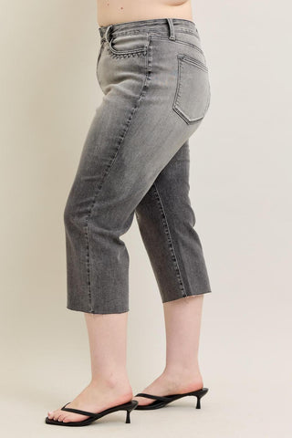 Judy Blue High Waist Vintage Grey Wash & Front Pocket Embroidery Crop Wide Leg Denim Jeans 88949