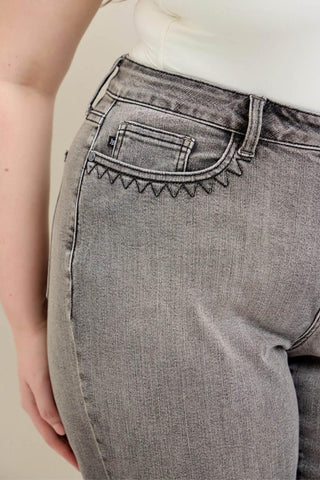 Judy Blue High Waist Vintage Grey Wash & Front Pocket Embroidery Crop Wide Leg Denim Jeans 88949