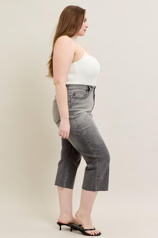 Judy Blue High Waist Vintage Grey Wash & Front Pocket Embroidery Crop Wide Leg Denim Jeans 88949