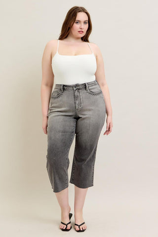 Judy Blue High Waist Vintage Grey Wash & Front Pocket Embroidery Crop Wide Leg Denim Jeans 88949