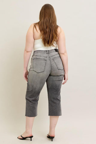 Judy Blue High Waist Vintage Grey Wash & Front Pocket Embroidery Crop Wide Leg Denim Jeans 88949