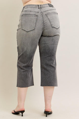 Judy Blue High Waist Vintage Grey Wash & Front Pocket Embroidery Crop Wide Leg Denim Jeans 88949