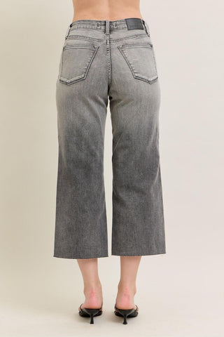 Judy Blue High Waist Vintage Grey Wash & Front Pocket Embroidery Crop Wide Leg Denim Jeans 88949