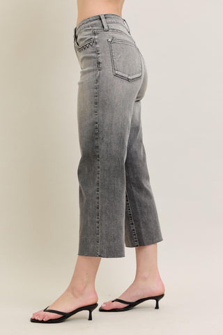 Judy Blue High Waist Vintage Grey Wash & Front Pocket Embroidery Crop Wide Leg Denim Jeans 88949