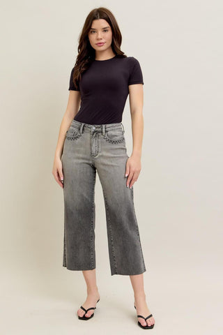 Judy Blue High Waist Vintage Grey Wash & Front Pocket Embroidery Crop Wide Leg Denim Jeans 88949