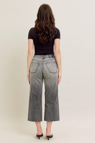 Judy Blue High Waist Vintage Grey Wash & Front Pocket Embroidery Crop Wide Leg Denim Jeans 88949