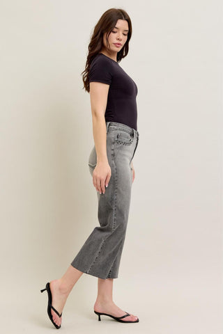 Judy Blue High Waist Vintage Grey Wash & Front Pocket Embroidery Crop Wide Leg Denim Jeans 88949