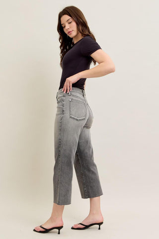 Judy Blue High Waist Vintage Grey Wash & Front Pocket Embroidery Crop Wide Leg Denim Jeans 88949