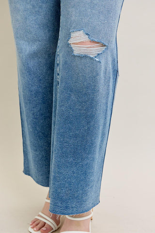 Judy Blue High Waist Vintage Wash Destroy Wide Leg Denim Jeans 8608