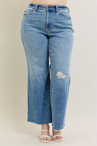 Judy Blue High Waist Vintage Wash Destroy Wide Leg Denim Jeans 8608