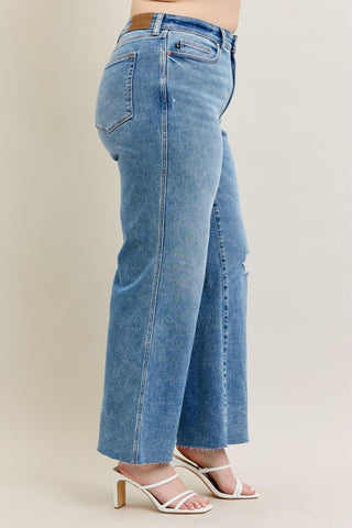Judy Blue High Waist Vintage Wash Destroy Wide Leg Denim Jeans 8608