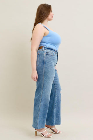 Judy Blue High Waist Vintage Wash Destroy Wide Leg Denim Jeans 8608