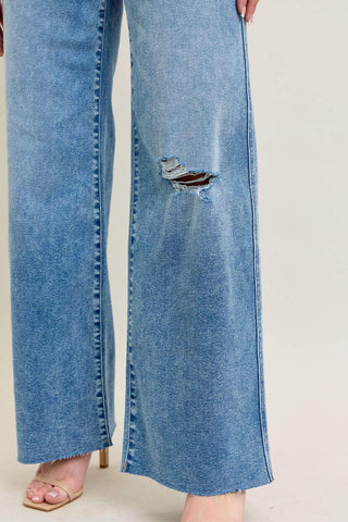 Judy Blue High Waist Vintage Wash Destroy Wide Leg Denim Jeans 8608