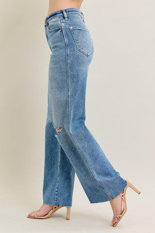 Judy Blue High Waist Vintage Wash Destroy Wide Leg Denim Jeans 8608