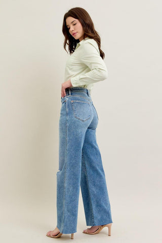 Judy Blue High Waist Vintage Wash Destroy Wide Leg Denim Jeans 8608