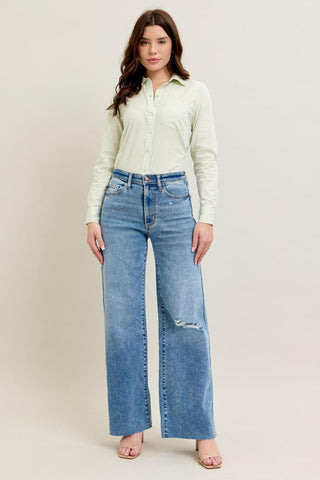 Judy Blue High Waist Vintage Wash Destroy Wide Leg Denim Jeans 8608