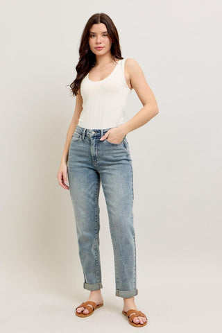 Judy Blue High Waist Vintage Wash Double Roll Cuff Boyfriend Denim Jeans 88927