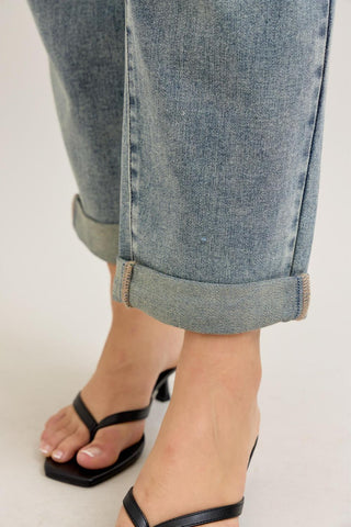 Judy Blue High Waist Vintage Wash Double Roll Cuff Boyfriend Denim Jeans 88927