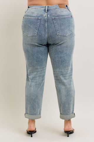 Judy Blue High Waist Vintage Wash Double Roll Cuff Boyfriend Denim Jeans 88927