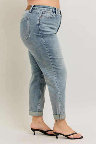 Judy Blue High Waist Vintage Wash Double Roll Cuff Boyfriend Denim Jeans 88927