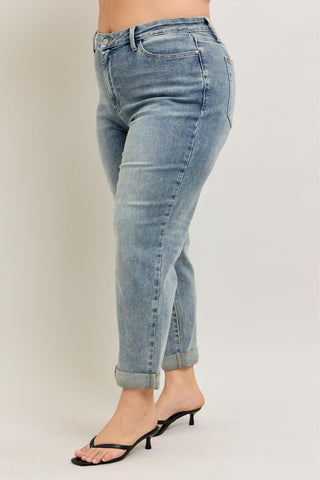 Judy Blue High Waist Vintage Wash Double Roll Cuff Boyfriend Denim Jeans 88927