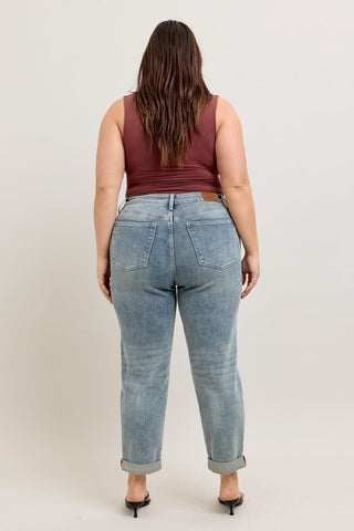 Judy Blue High Waist Vintage Wash Double Roll Cuff Boyfriend Denim Jeans 88927