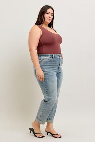 Judy Blue High Waist Vintage Wash Double Roll Cuff Boyfriend Denim Jeans 88927