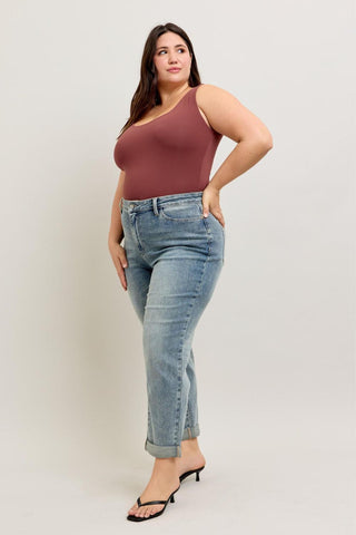 Judy Blue High Waist Vintage Wash Double Roll Cuff Boyfriend Denim Jeans 88927