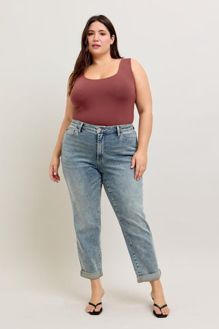 Judy Blue High Waist Vintage Wash Double Roll Cuff Boyfriend Denim Jeans 88927