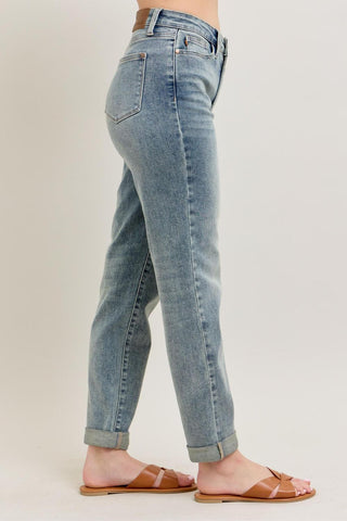 Judy Blue High Waist Vintage Wash Double Roll Cuff Boyfriend Denim Jeans 88927