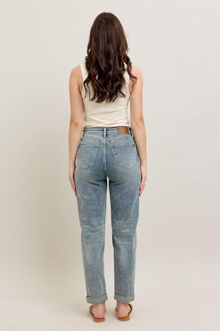 Judy Blue High Waist Vintage Wash Double Roll Cuff Boyfriend Denim Jeans 88927