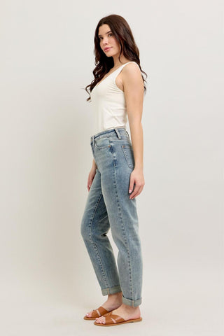 Judy Blue High Waist Vintage Wash Double Roll Cuff Boyfriend Denim Jeans 88927