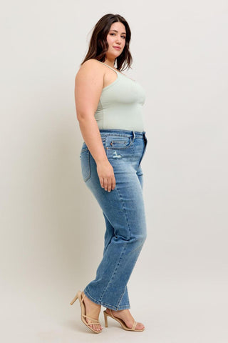 Judy Blue High Waist Vintage Wash Front Seam & Slit Straight Denim Jeans 88533