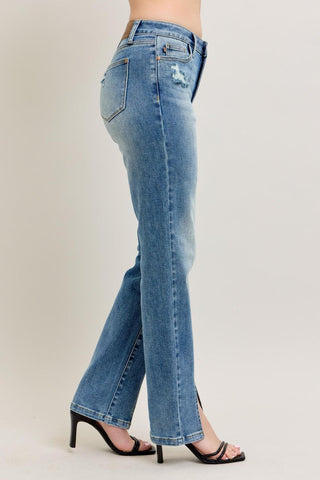 Judy Blue High Waist Vintage Wash Front Seam & Slit Straight Denim Jeans 88533