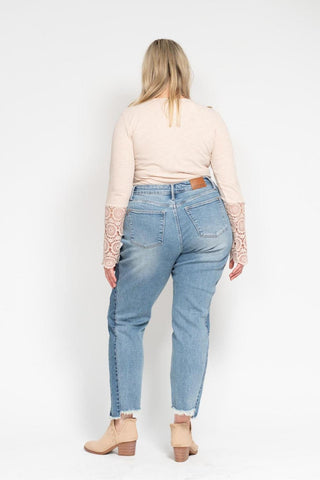 Judy Blue High Waist Vintage Wash Side Panel Detail & Hi Lo Fray Hem Slim Denim Jeans 88536