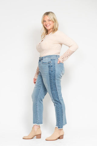 Judy Blue High Waist Vintage Wash Side Panel Detail & Hi Lo Fray Hem Slim Denim Jeans 88536