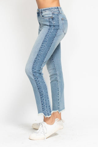 Judy Blue High Waist Vintage Wash Side Panel Detail & Hi Lo Fray Hem Slim Denim Jeans 88536