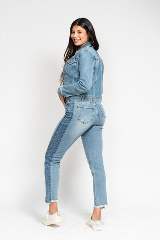 Judy Blue High Waist Vintage Wash Side Panel Detail & Hi Lo Fray Hem Slim Denim Jeans 88536