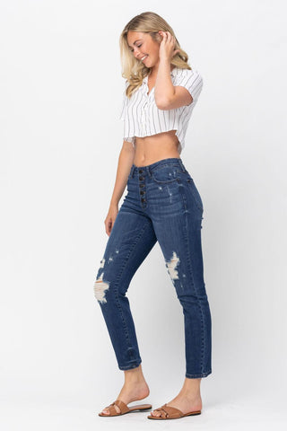 Judy Blue High Waist ZigZag Button Fly & Destroy Boyfriend Denim Jeans 88526