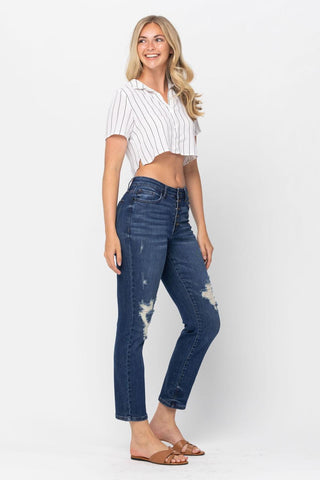 Judy Blue High Waist ZigZag Button Fly & Destroy Boyfriend Denim Jeans 88526