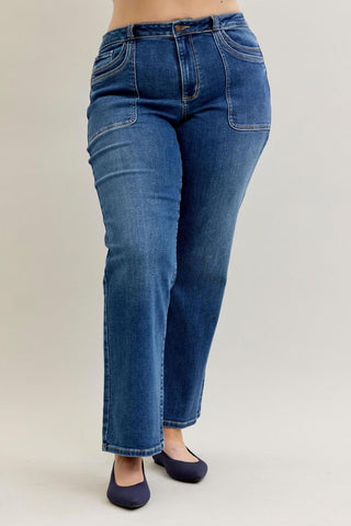 Judy Blue Mid Rise 90's Front Patch Double Pocket Straight Denim Jeans 82680