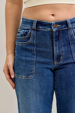 Judy Blue Mid Rise 90's Front Patch Double Pocket Straight Denim Jeans 82680