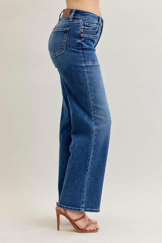 Judy Blue Mid Rise 90's Front Patch Double Pocket Straight Denim Jeans 82680