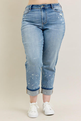 Judy Blue Mid Rise Bleach Splatter Single Cuff Boyfriend Denim Jeans 88519