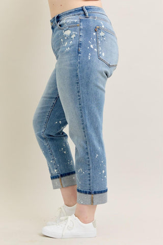 Judy Blue Mid Rise Bleach Splatter Single Cuff Boyfriend Denim Jeans 88519