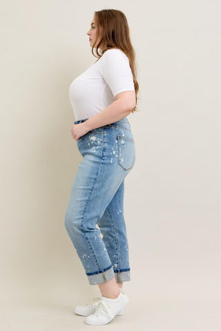 Judy Blue Mid Rise Bleach Splatter Single Cuff Boyfriend Denim Jeans 88519
